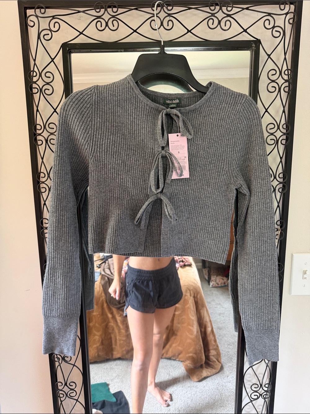 wild fable Gray Ribbed Tie-Front Cropped Sweater